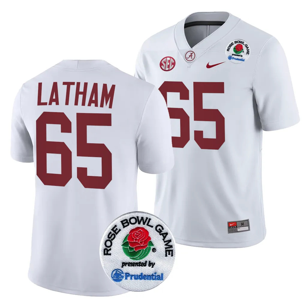 Men's Alabama Crimson Tide JC Latham #65 White 2024 Rose Bowl Playoff NCAA College Football Jersey